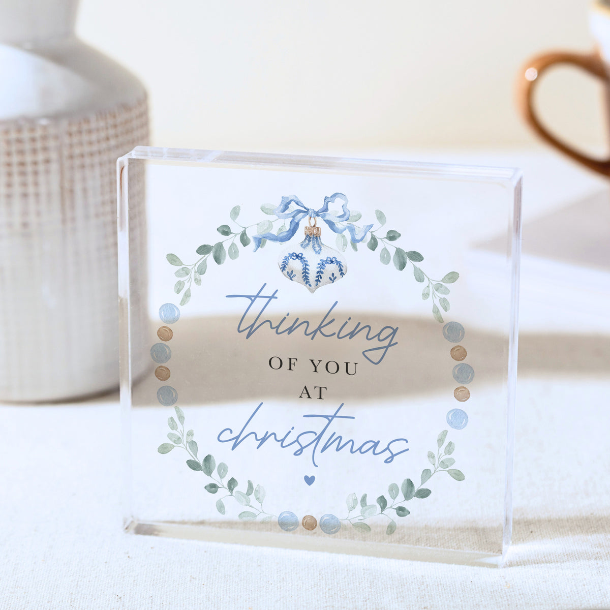 Thinking of You at Christmas Acrylic Plaque, Blue Ornament and Greenery Holiday Keepsake, Winter Decor Gift