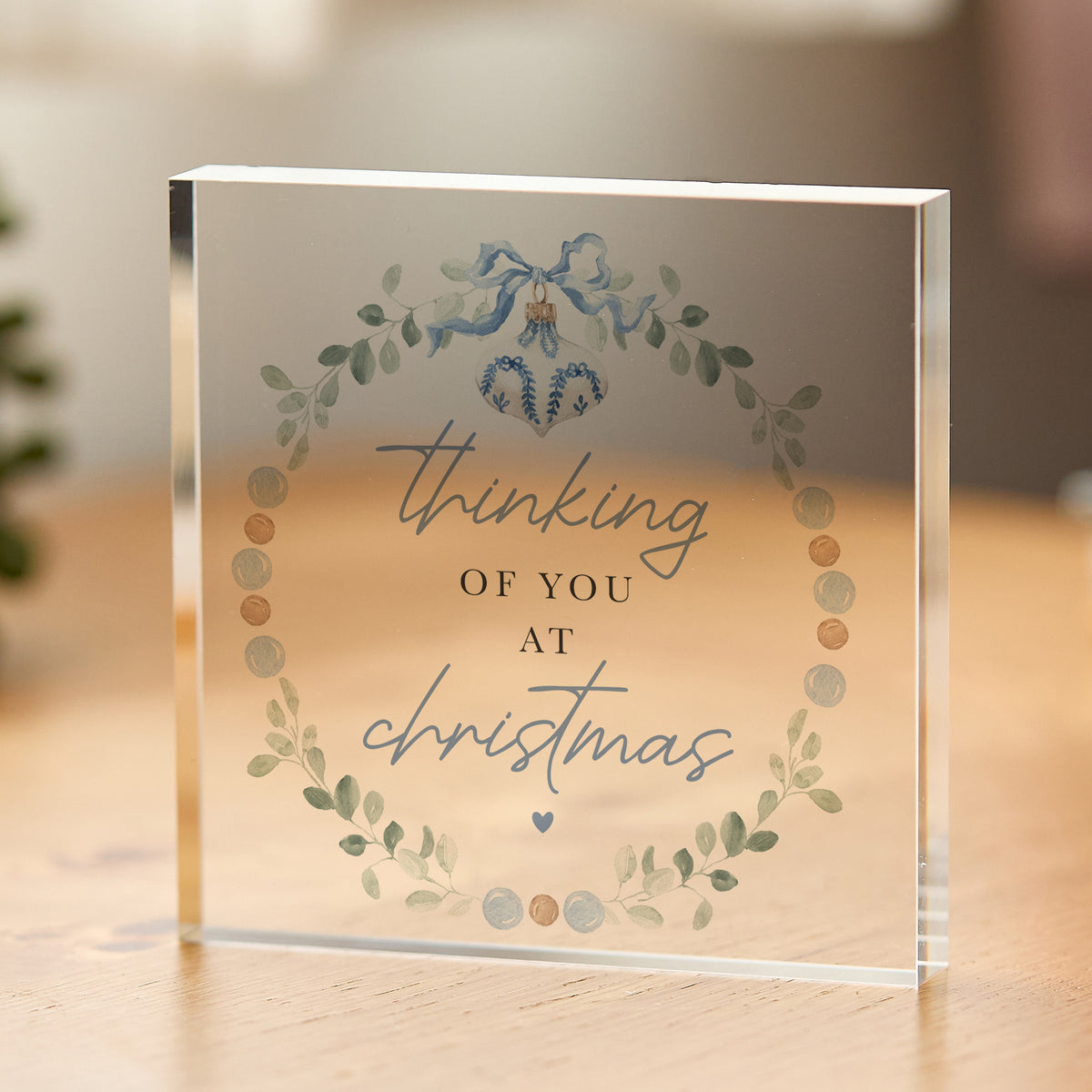 Thinking of You at Christmas Acrylic Plaque, Blue Ornament and Greenery Holiday Keepsake, Winter Decor Gift