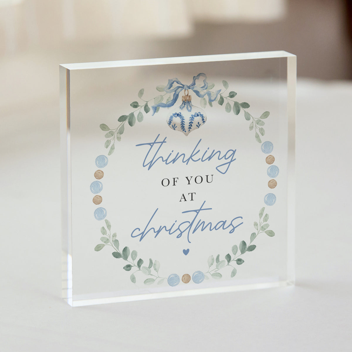 Thinking of You at Christmas Acrylic Plaque, Blue Ornament and Greenery Holiday Keepsake, Winter Decor Gift