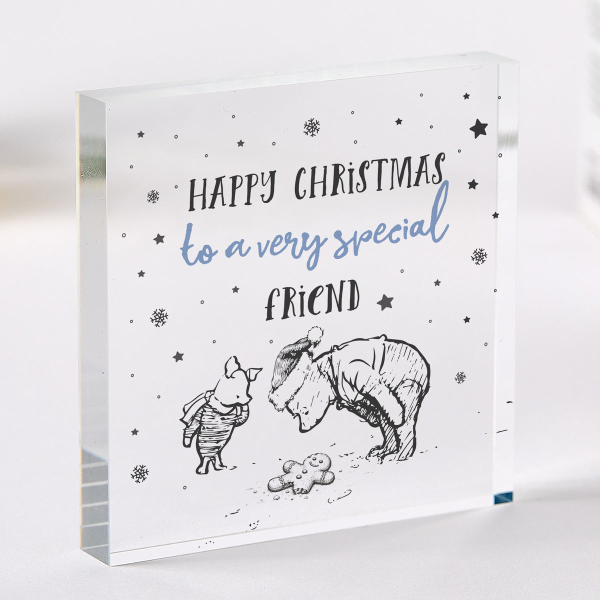 Christmas Gift for Friend, Happy Christmas Acrylic Plaque with Winter Bear and Piglet Keepsake Illustration