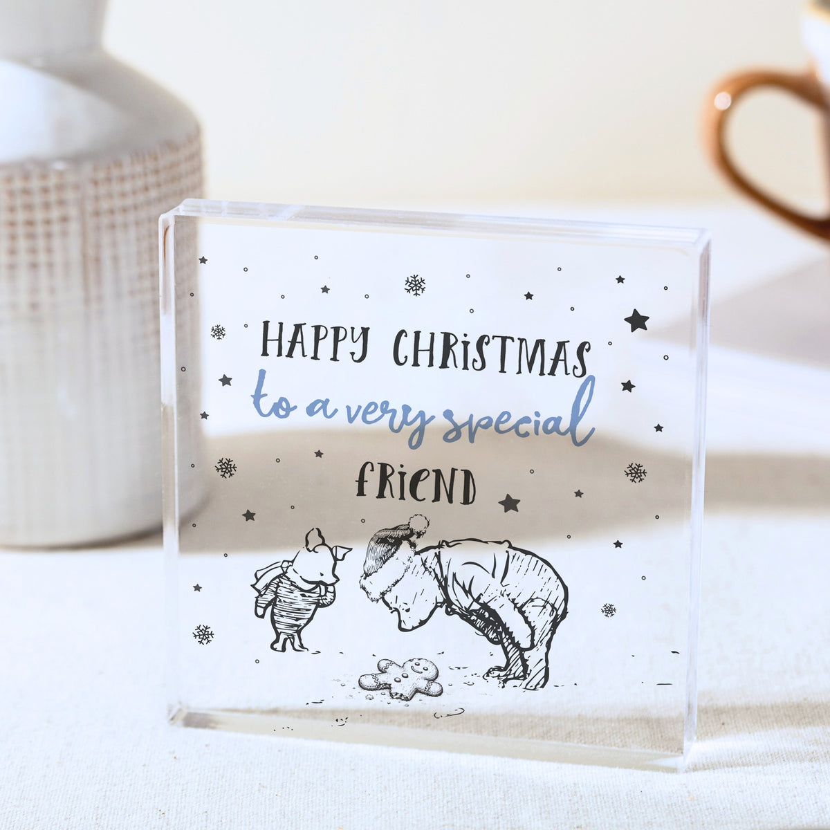 Christmas Gift for Friend, Happy Christmas Acrylic Plaque with Winter Bear and Piglet Keepsake Illustration