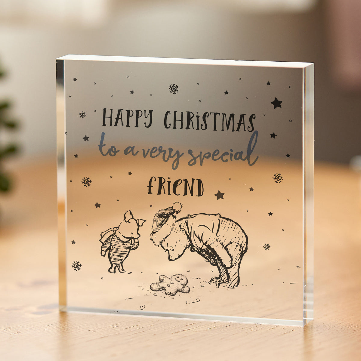 Christmas Gift for Friend, Happy Christmas Acrylic Plaque with Winter Bear and Piglet Keepsake Illustration