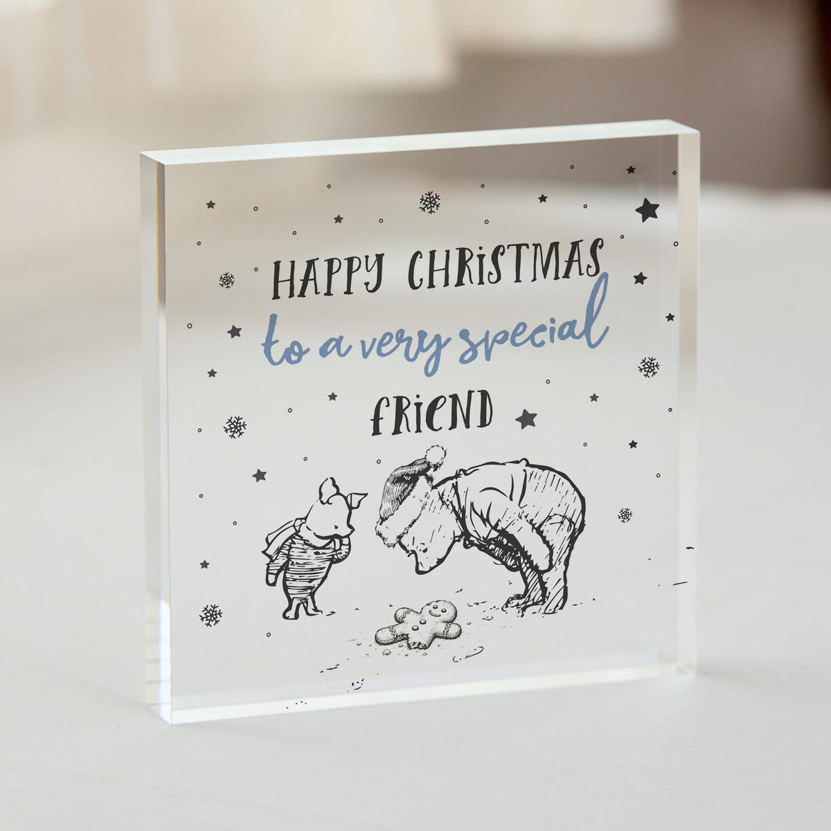 Christmas Gift for Friend, Happy Christmas Acrylic Plaque with Winter Bear and Piglet Keepsake Illustration