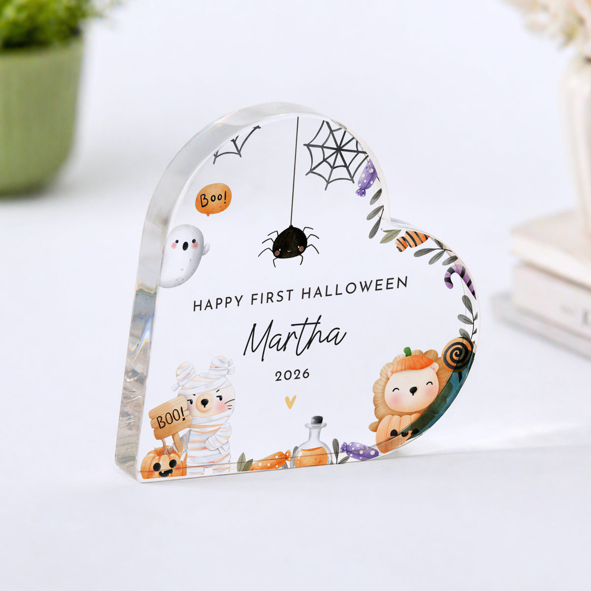 First Halloween Baby Keepsake, Personalized Acrylic Plaque with Cute Ghost, Spider and Mummy Halloween Decor