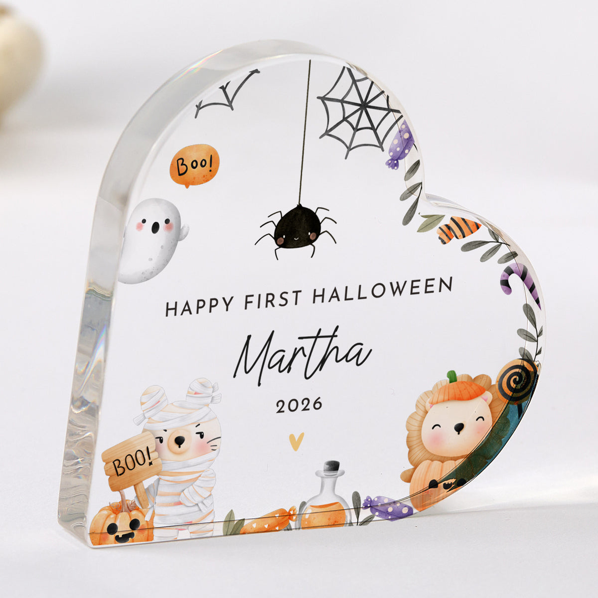 First Halloween Baby Keepsake, Personalized Acrylic Plaque with Cute Ghost, Spider and Mummy Halloween Decor