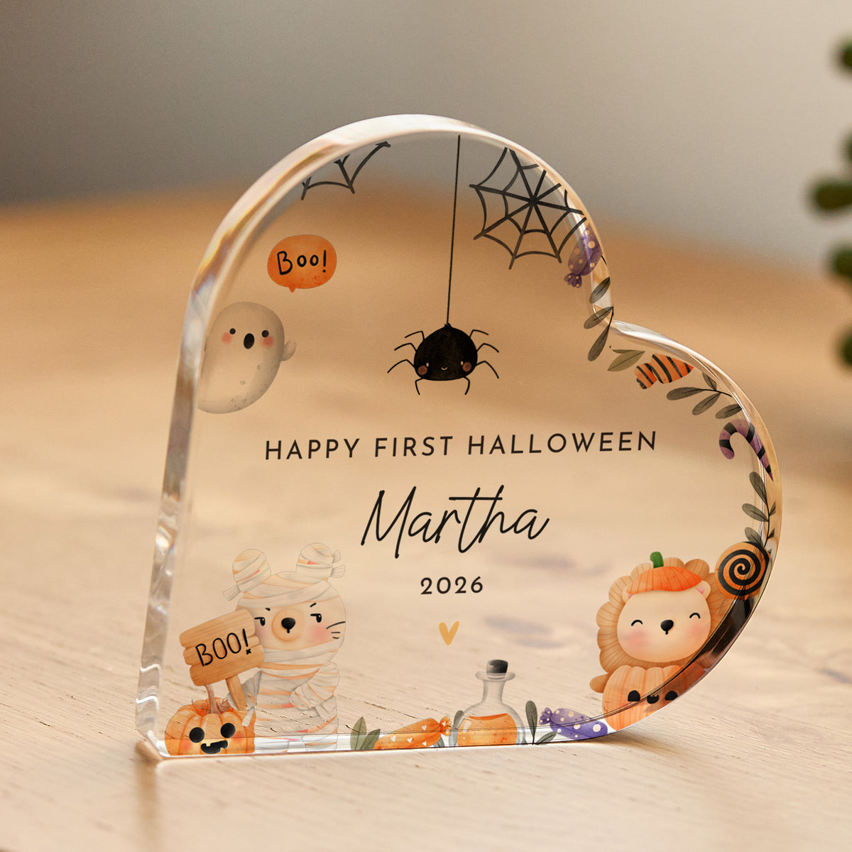 First Halloween Baby Keepsake, Personalized Acrylic Plaque with Cute Ghost, Spider and Mummy Halloween Decor