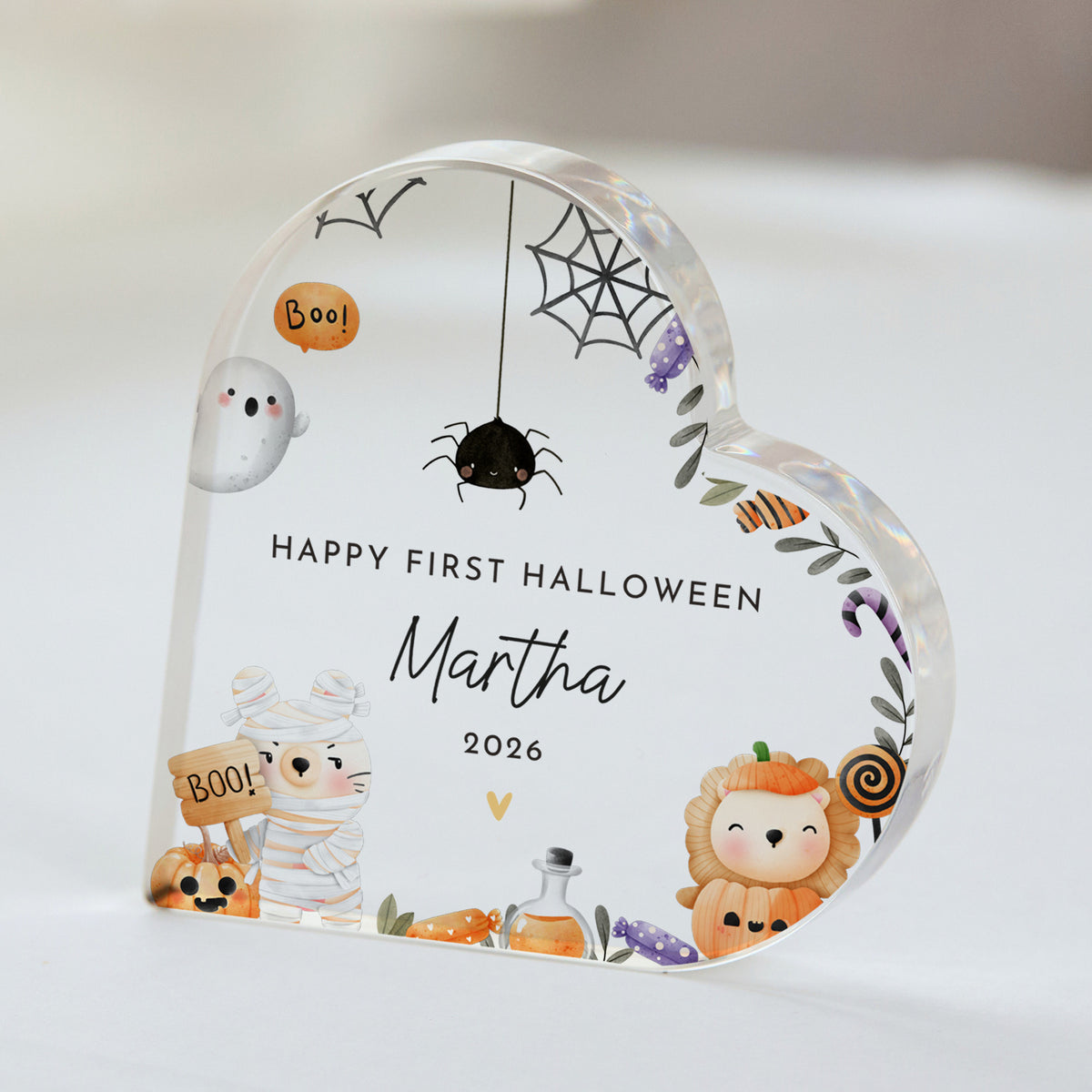 First Halloween Baby Keepsake, Personalized Acrylic Plaque with Cute Ghost, Spider and Mummy Halloween Decor