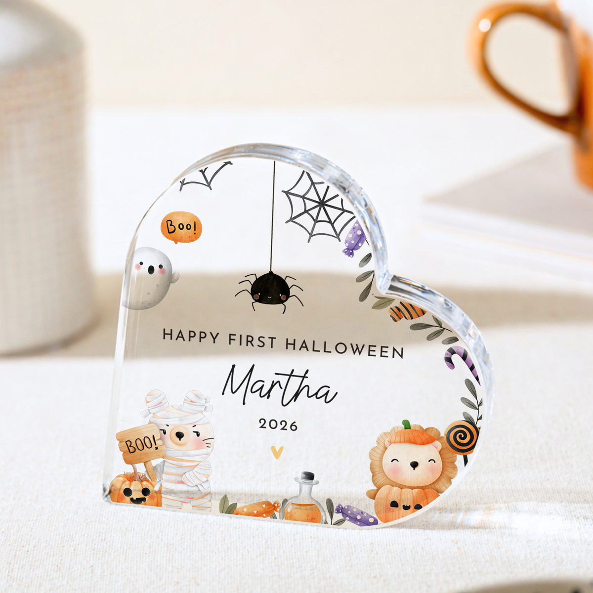 First Halloween Baby Keepsake, Personalized Acrylic Plaque with Cute Ghost, Spider and Mummy Halloween Decor