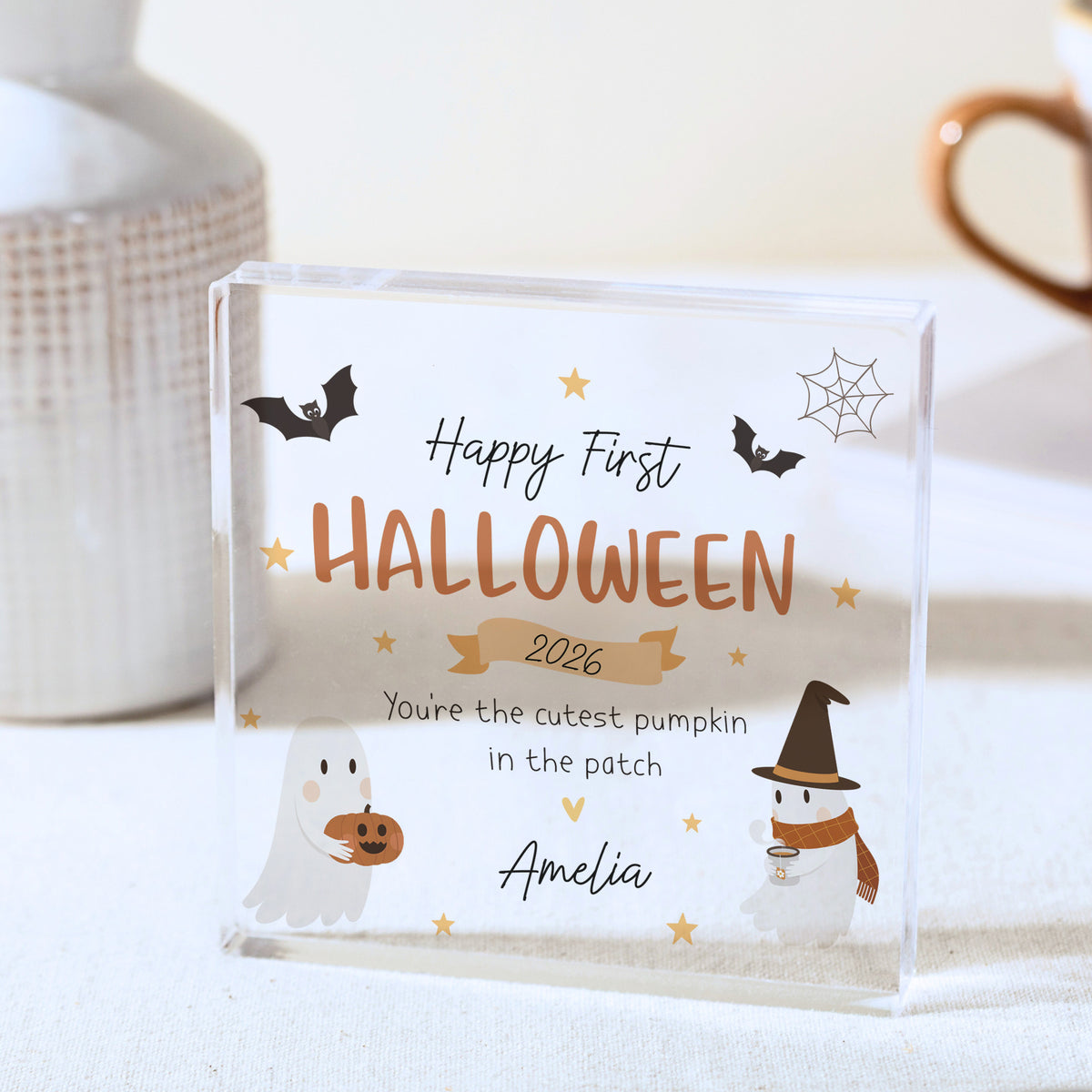 First Halloween Gift for Baby, Personalized Acrylic Plaque, 2026 Pumpkin Patch Keepsake with Ghosts and Bats