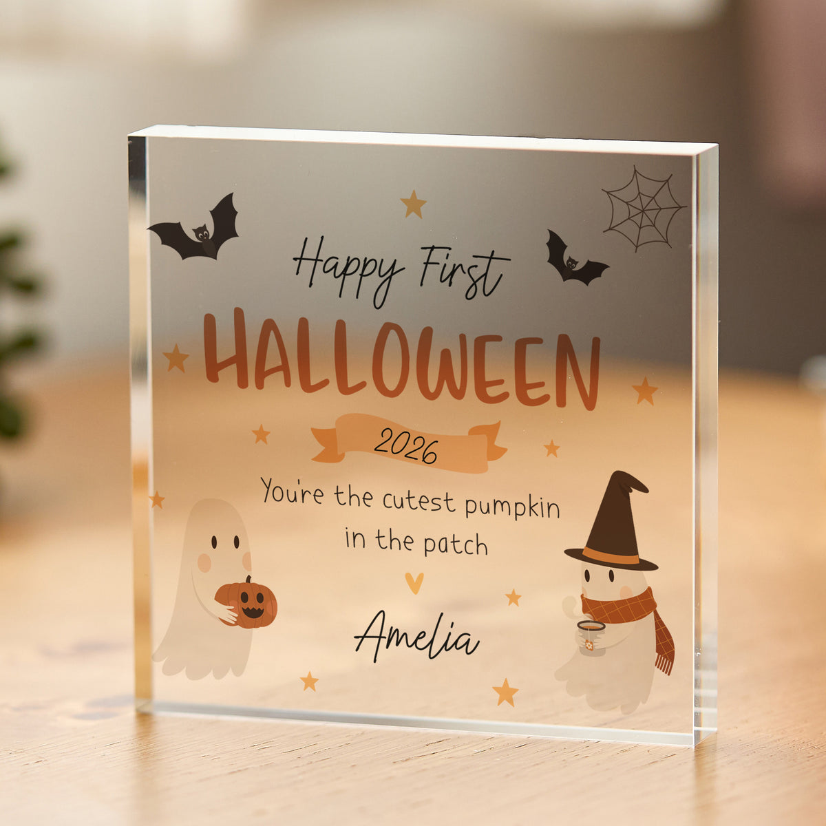 First Halloween Gift for Baby, Personalized Acrylic Plaque, 2026 Pumpkin Patch Keepsake with Ghosts and Bats