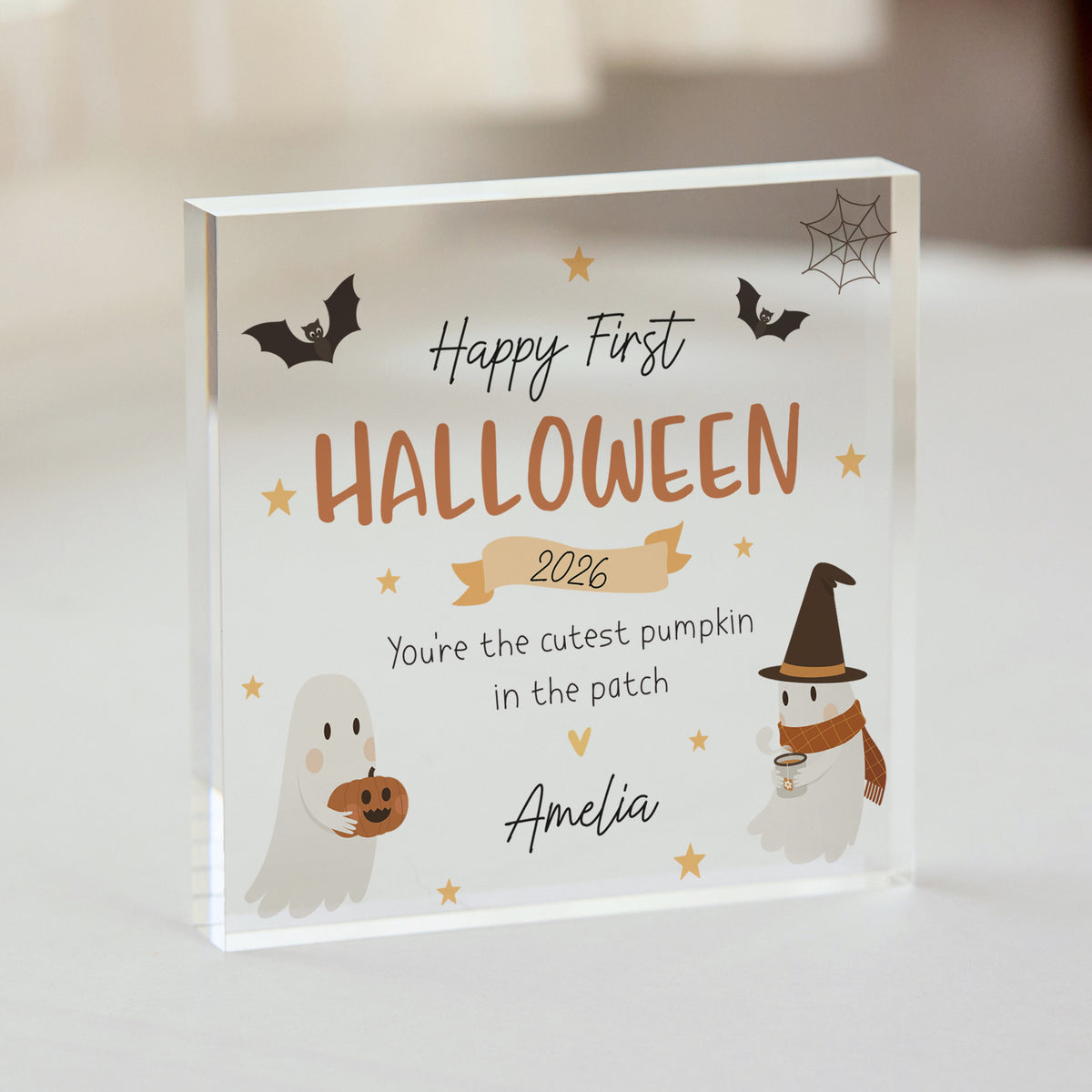 First Halloween Gift for Baby, Personalized Acrylic Plaque, 2026 Pumpkin Patch Keepsake with Ghosts and Bats