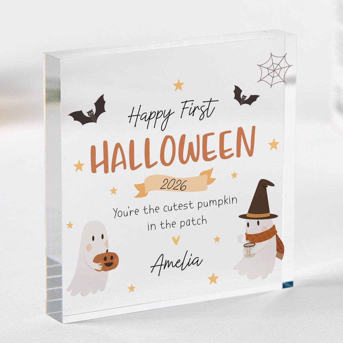 First Halloween Gift for Baby, Personalized Acrylic Plaque, 2026 Pumpkin Patch Keepsake with Ghosts and Bats
