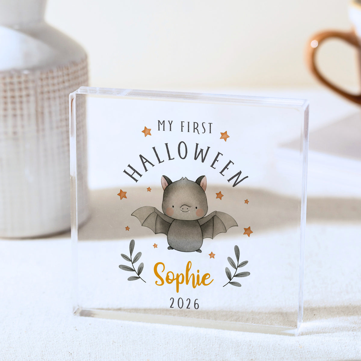 My First Halloween Personalized Acrylic Plaque, Cute Bat Baby Keepsake, Custom Name and 2026 Fall Nursery Decor