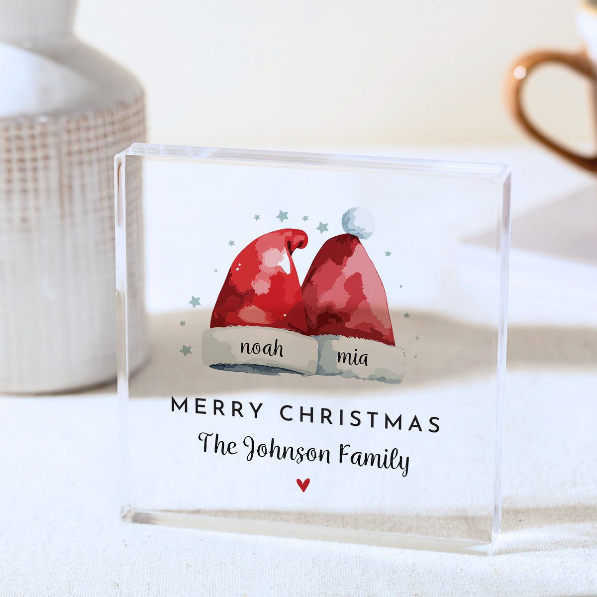 Personalized Family Christmas Acrylic Plaque, Red Santa Hat Name Keepsake, Merry Christmas Decor for Home