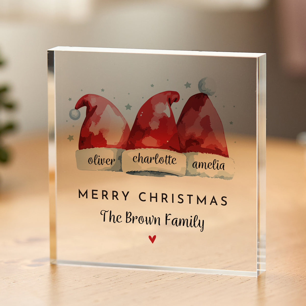 Personalized Family Christmas Acrylic Plaque, Red Santa Hat Name Keepsake, Merry Christmas Decor for Home