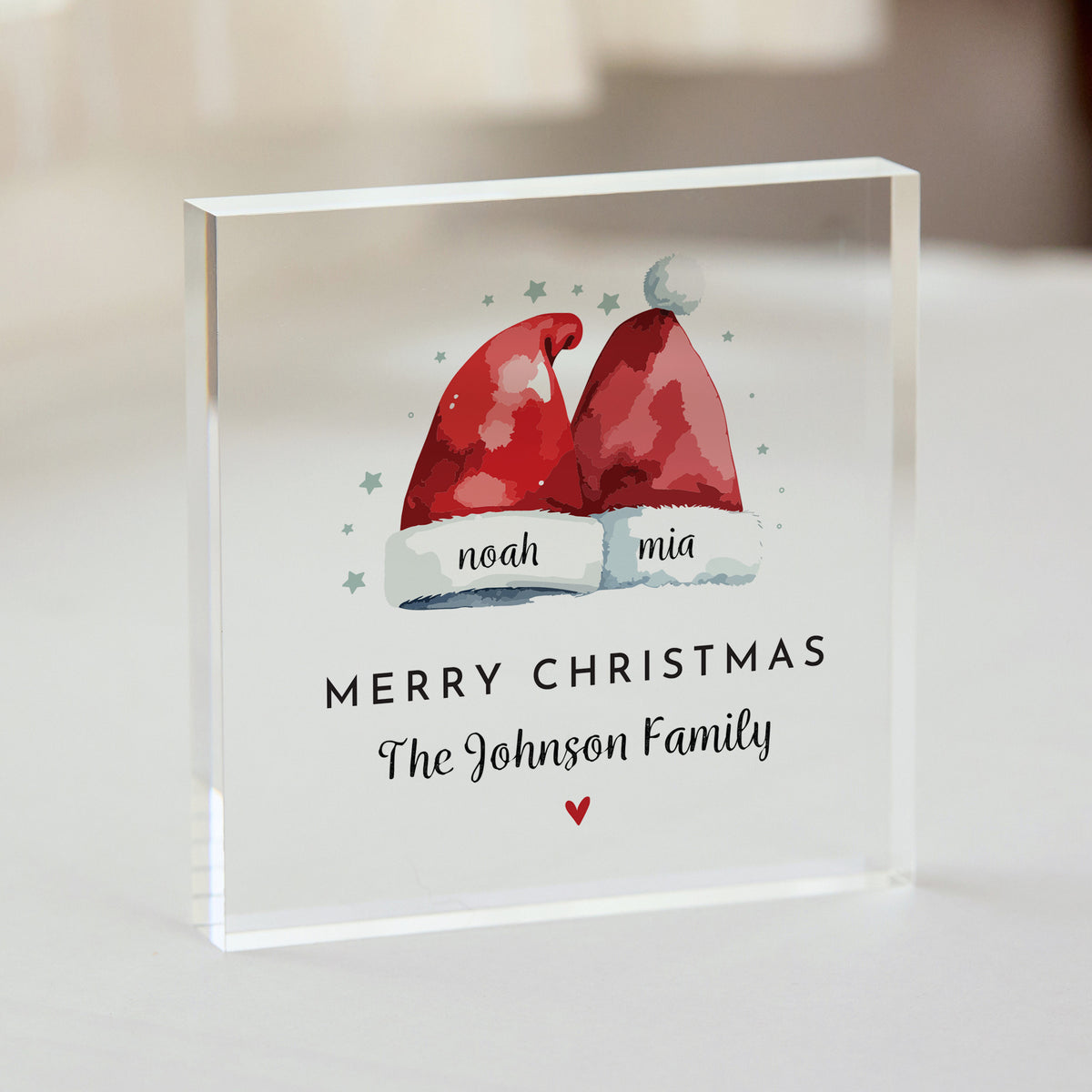 Personalized Family Christmas Acrylic Plaque, Red Santa Hat Name Keepsake, Merry Christmas Decor for Home