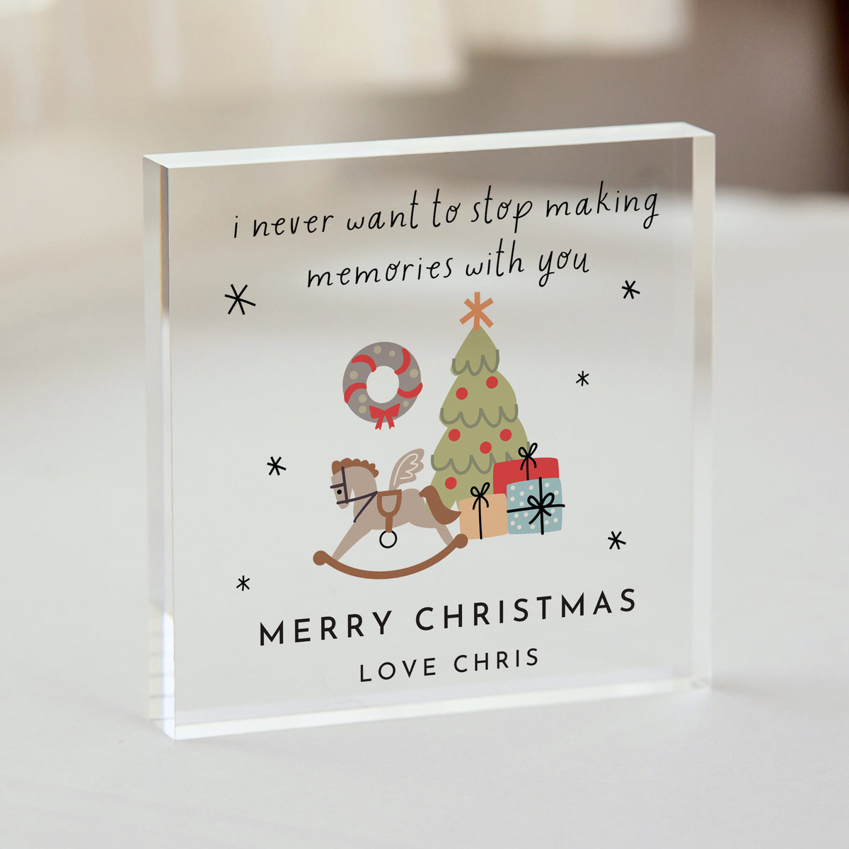 Christmas Memory Keepsake, Acrylic Plaque with Rocking Horse, Tree and I Never Want to Stop Making Memories Quote