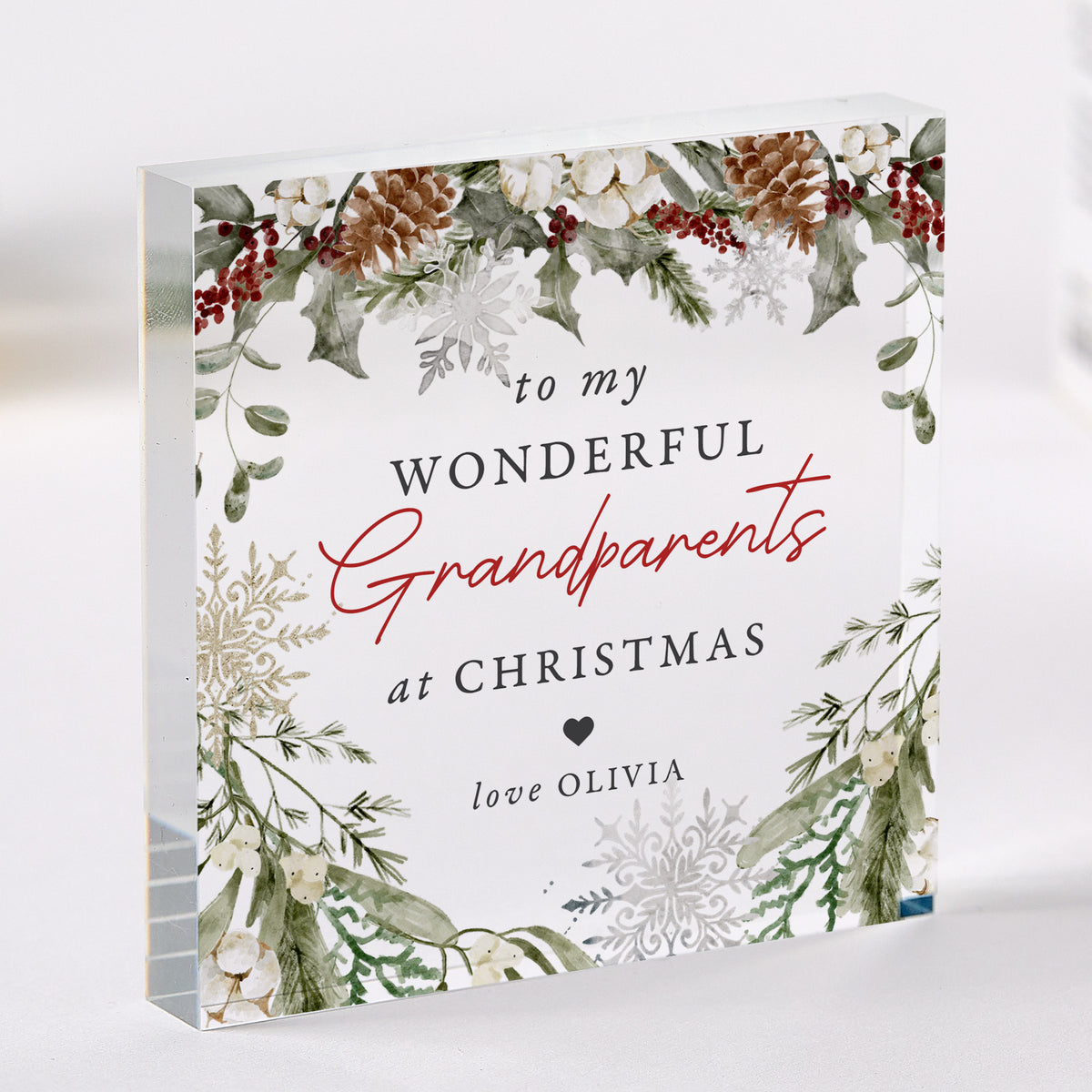 Christmas Gift for Grandparents, Personalized Acrylic Plaque, Wonderful Grandparents Keepsake with Winter Greenery