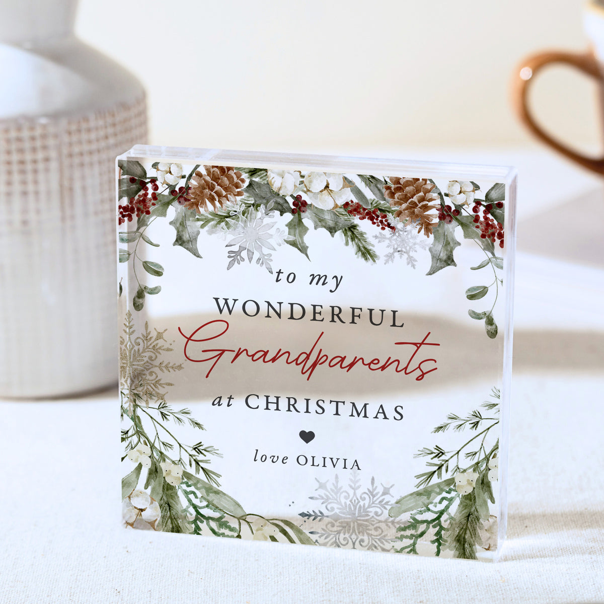Christmas Gift for Grandparents, Personalized Acrylic Plaque, Wonderful Grandparents Keepsake with Winter Greenery