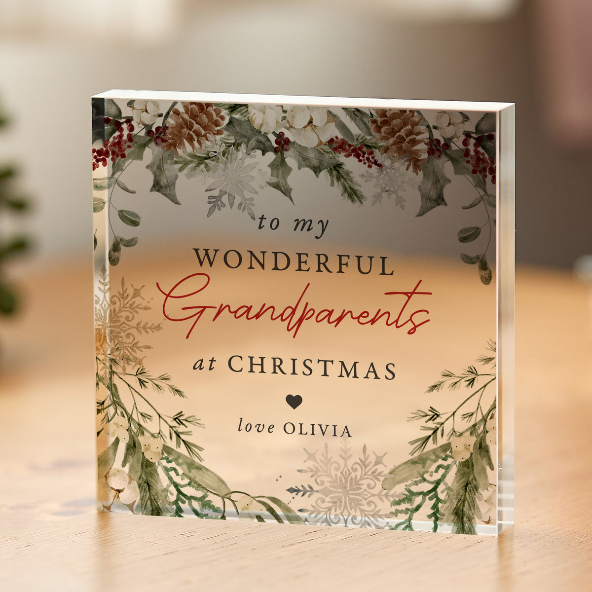 Christmas Gift for Grandparents, Personalized Acrylic Plaque, Wonderful Grandparents Keepsake with Winter Greenery