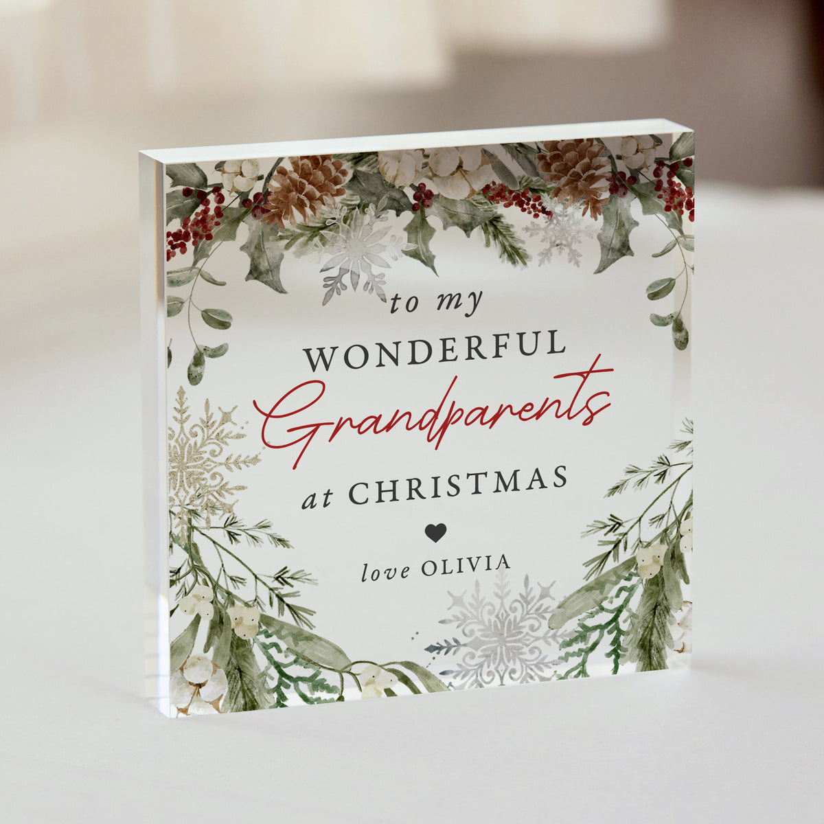 Christmas Gift for Grandparents, Personalized Acrylic Plaque, Wonderful Grandparents Keepsake with Winter Greenery