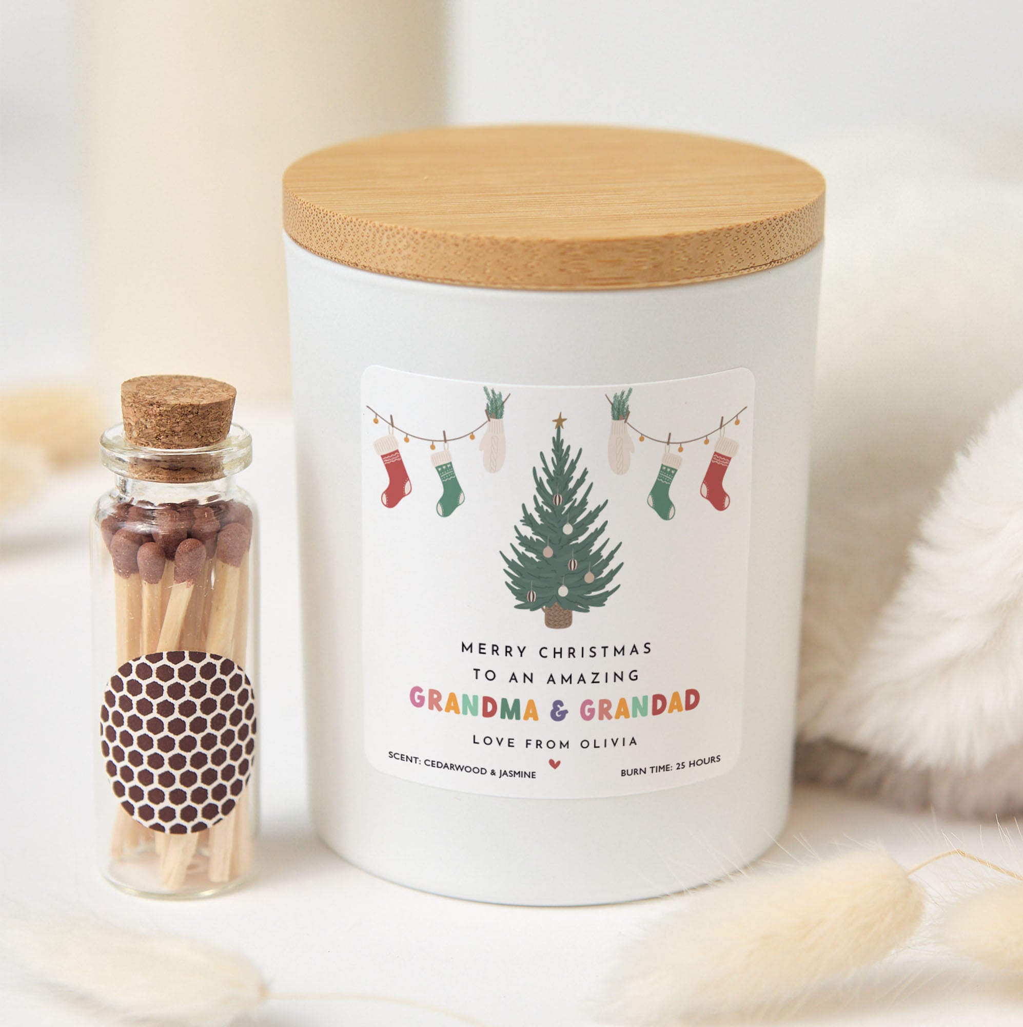 Christmas Candle Gift for Grandma & Grandad | Personalized Holiday Soy Wax Candle | Festive Xmas Gift with Matches
