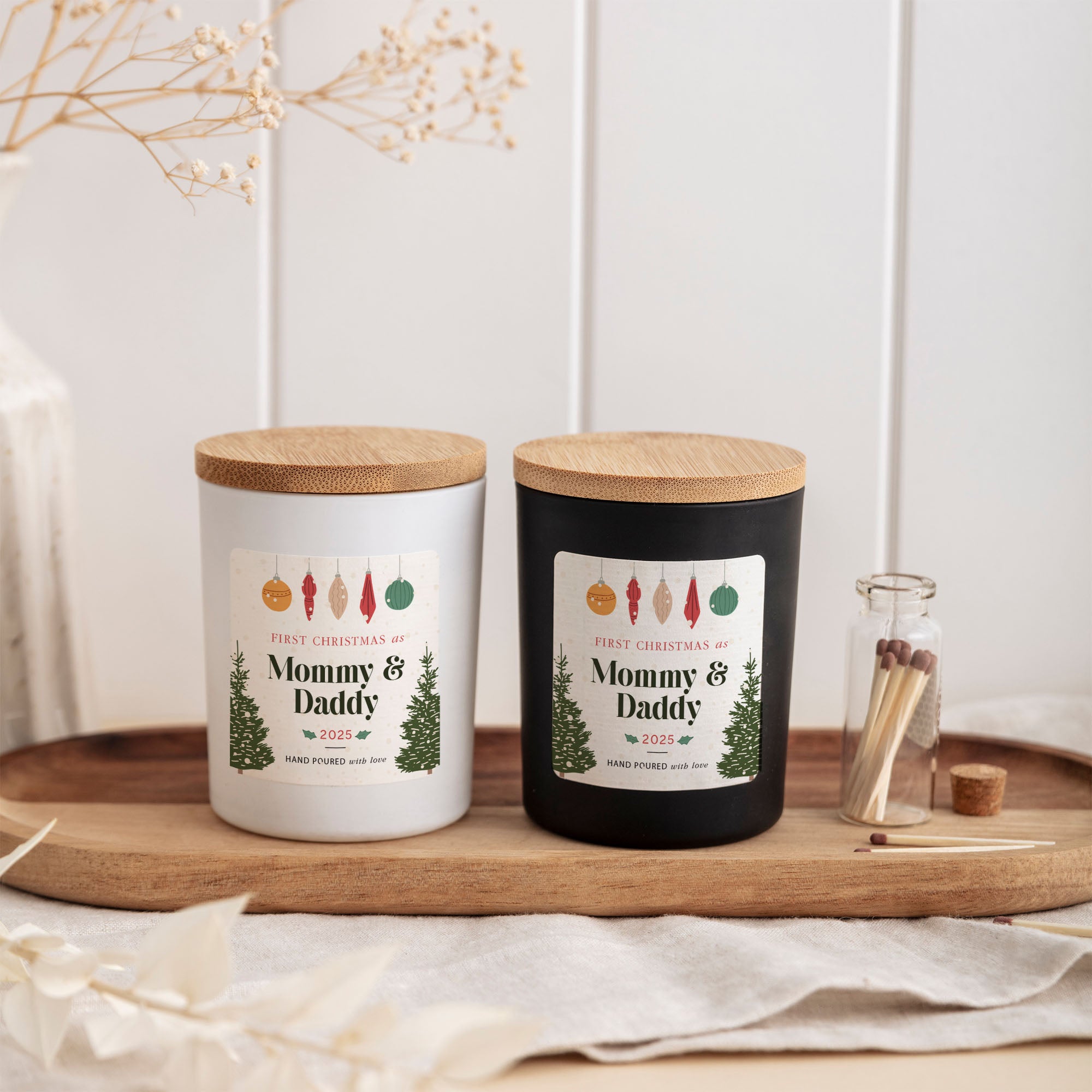 First Christmas as Mommy & Daddy Candle | Personalized Holiday Soy Wax Candle | New Parents Xmas Gift with Matches