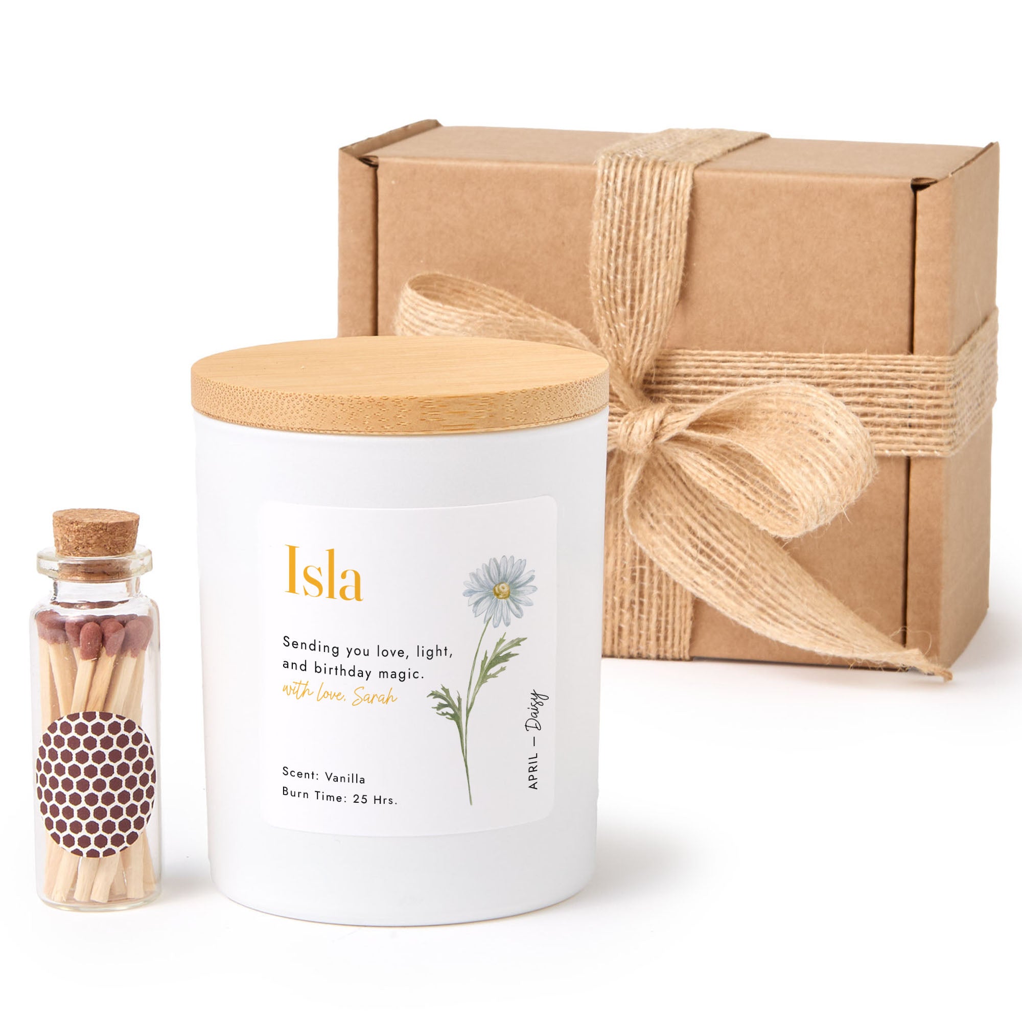 April Birth Flower Personalized Soy Candle Gift for Her Birthday Daisy Floral Present, Comes with Matches Free Gift Wrap
