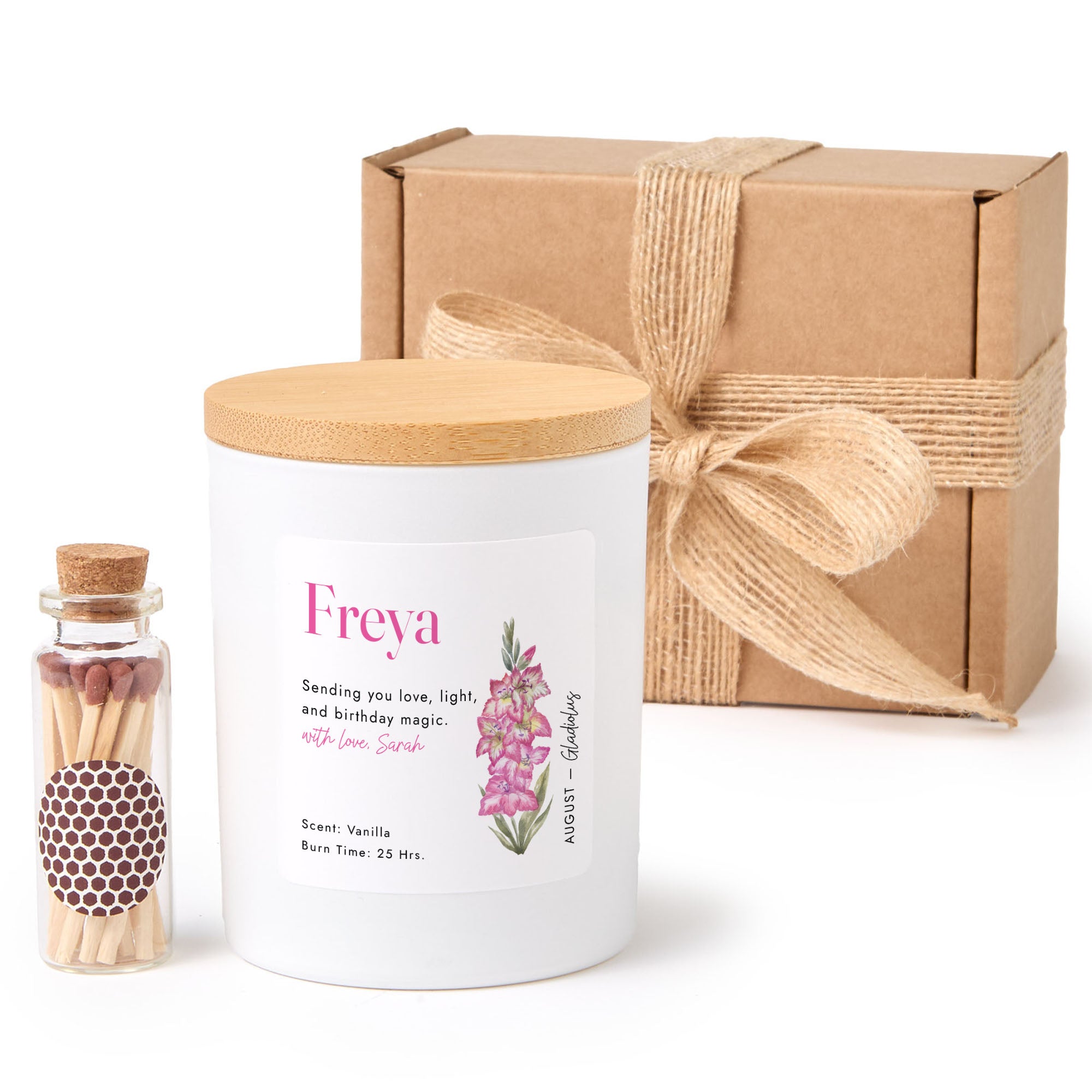 August Birth Flower Personalized Soy Candle Gift for Her Birthday Gladiolus Floral Present, Comes with Matches Free Gift Wrap