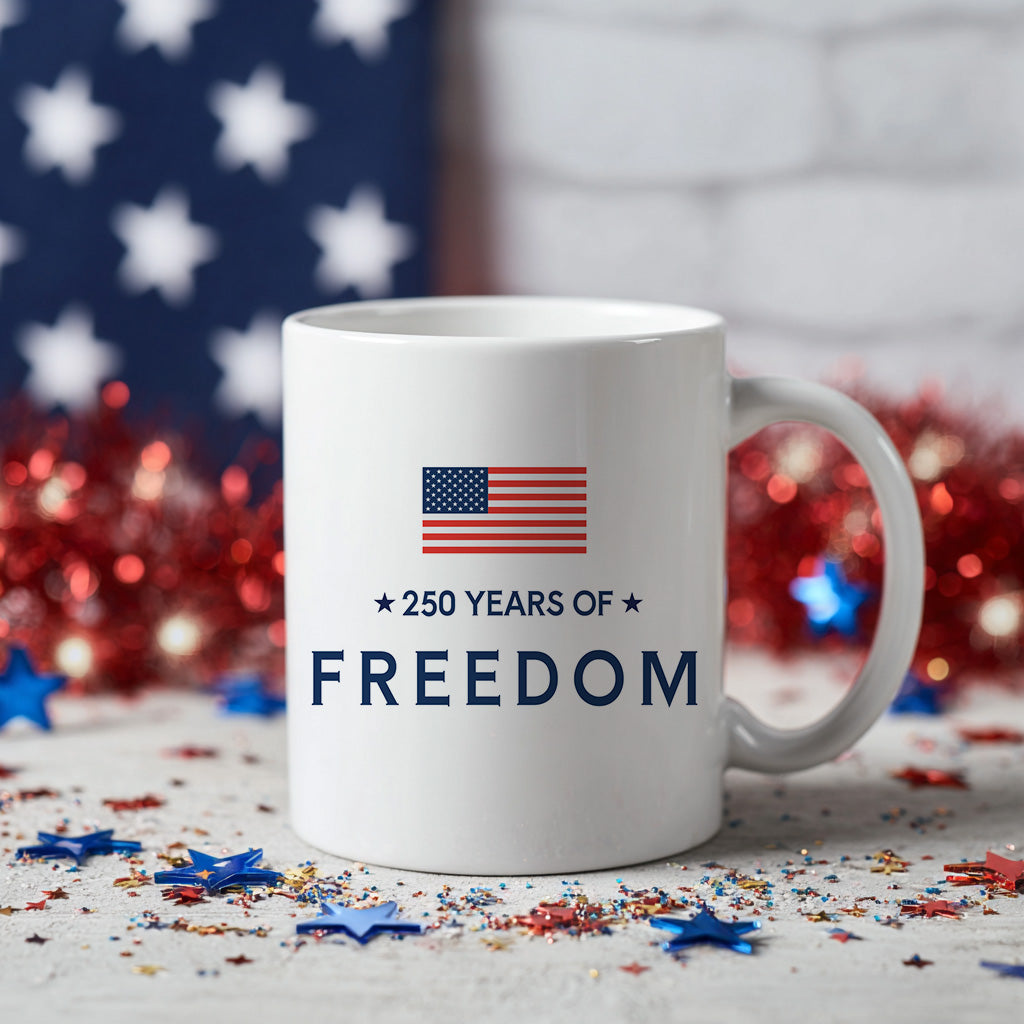 250 Years of Freedom Mug, Minimalist American Flag Coffee Cup for USA Anniversary, Patriotic Fourth of July Gift
