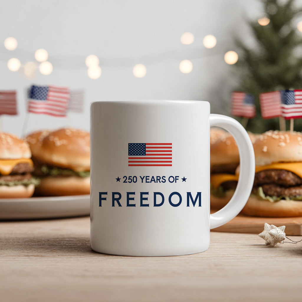 250 Years of Freedom Mug, Minimalist American Flag Coffee Cup for USA Anniversary, Patriotic Fourth of July Gift