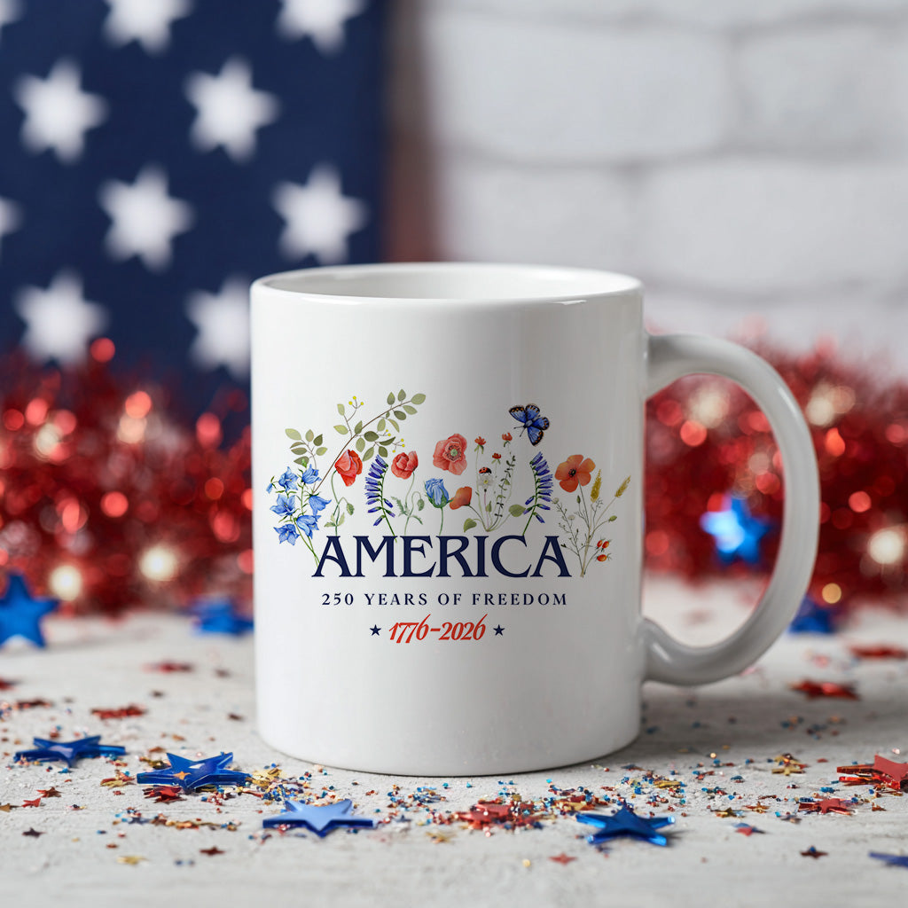 America 250th Anniversary Floral Mug, Patriotic Wildflower Coffee Cup for USA Freedom Celebration Gift