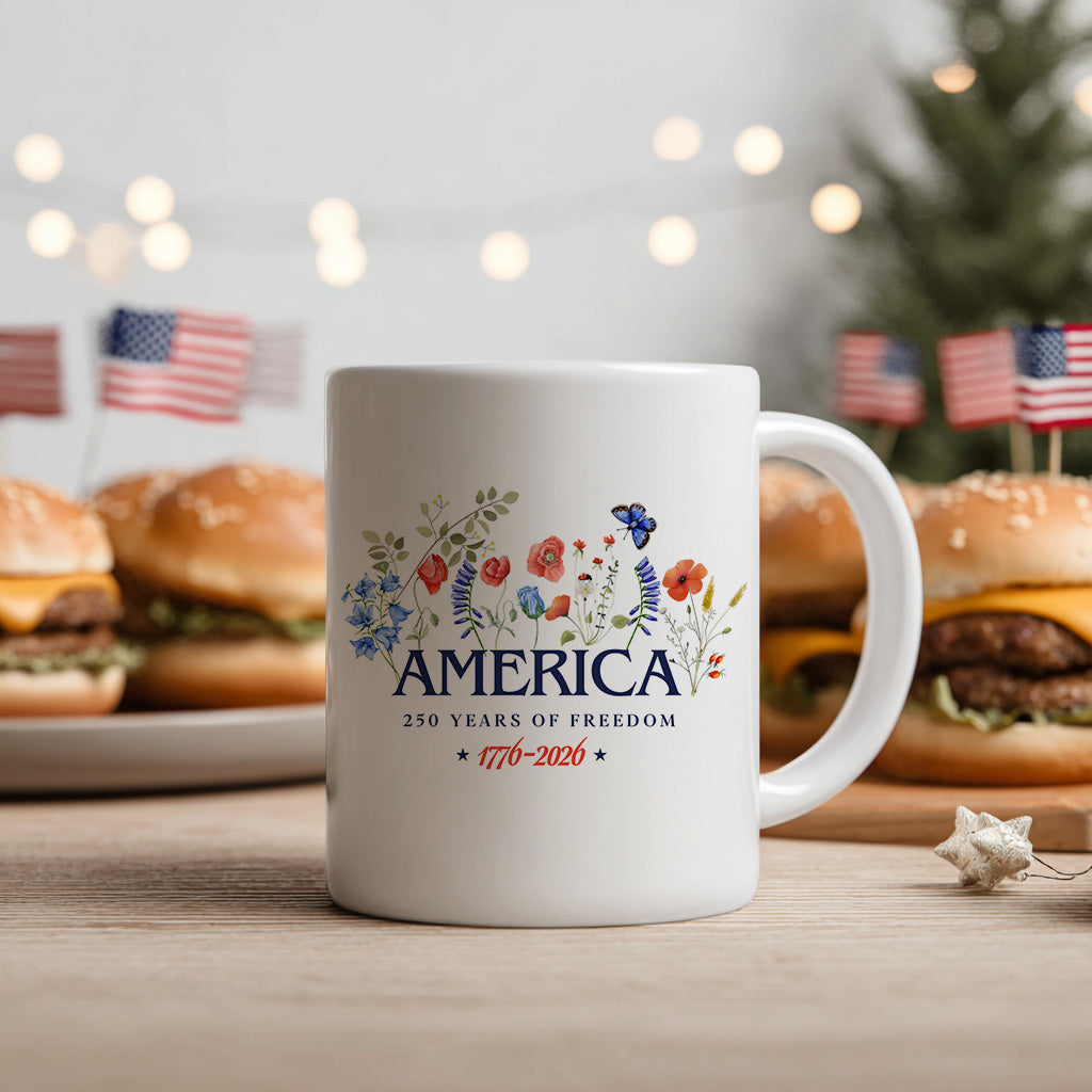 America 250th Anniversary Floral Mug, Patriotic Wildflower Coffee Cup for USA Freedom Celebration Gift