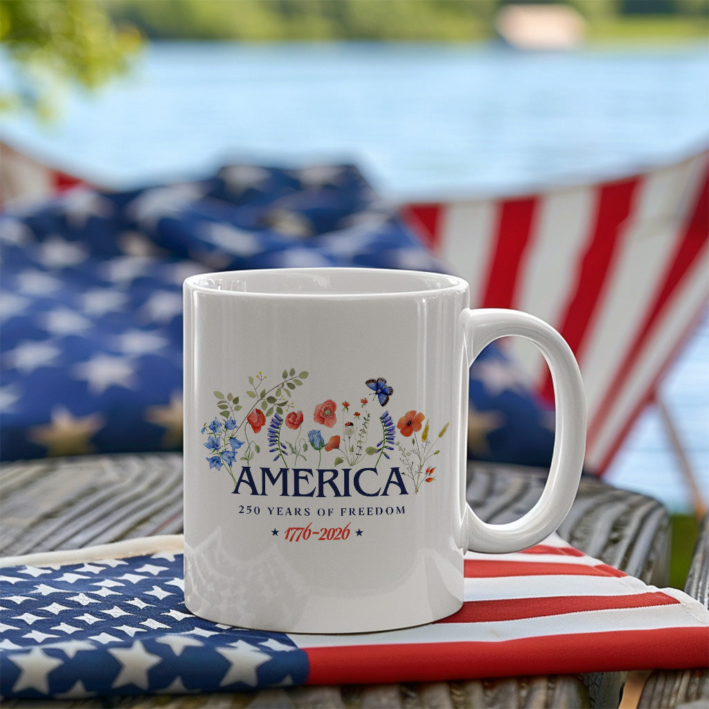 America 250th Anniversary Floral Mug, Patriotic Wildflower Coffee Cup for USA Freedom Celebration Gift