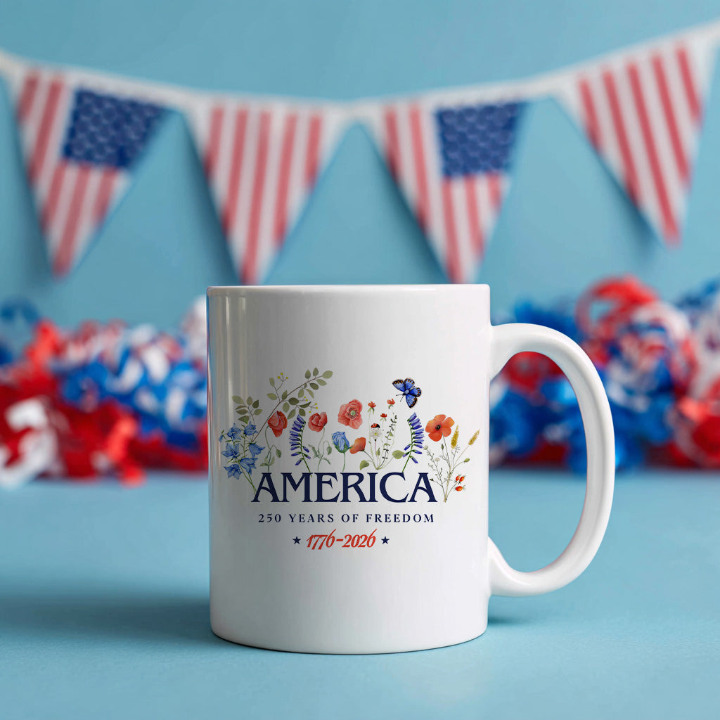America 250th Anniversary Floral Mug, Patriotic Wildflower Coffee Cup for USA Freedom Celebration Gift