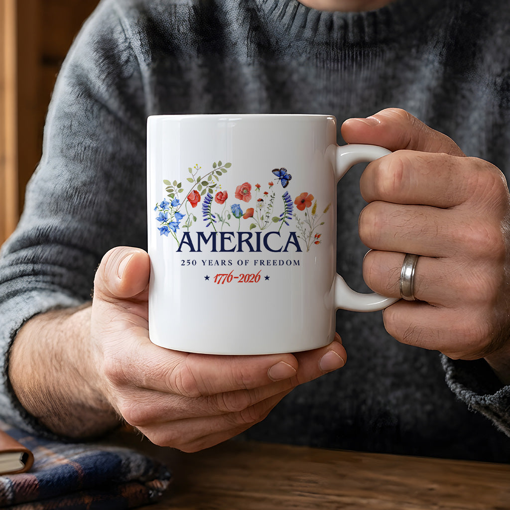 America 250th Anniversary Floral Mug, Patriotic Wildflower Coffee Cup for USA Freedom Celebration Gift