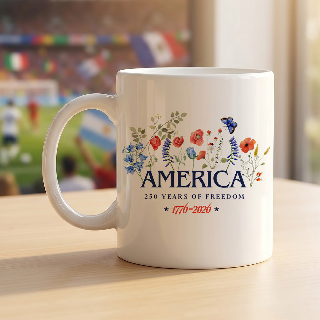 America 250th Anniversary Floral Mug, Patriotic Wildflower Coffee Cup for USA Freedom Celebration Gift