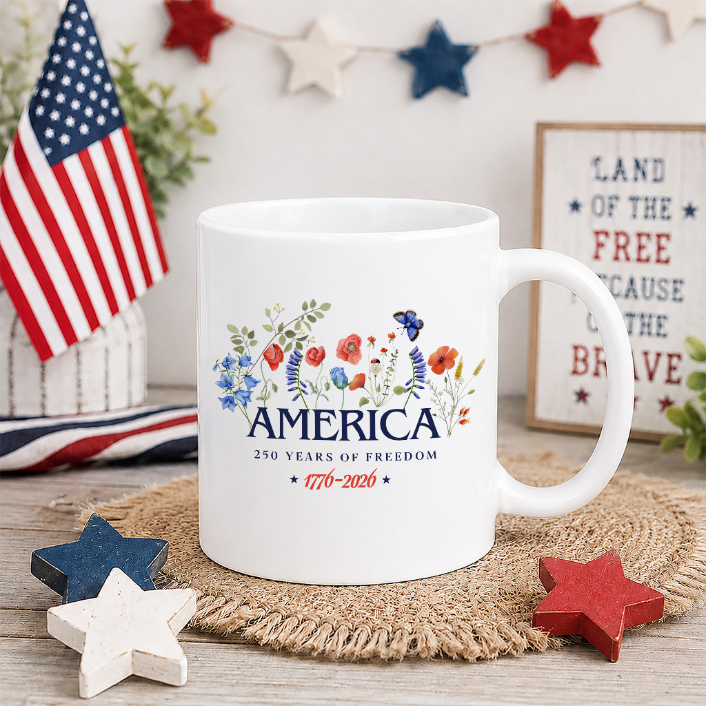 America 250th Anniversary Floral Mug, Patriotic Wildflower Coffee Cup for USA Freedom Celebration Gift