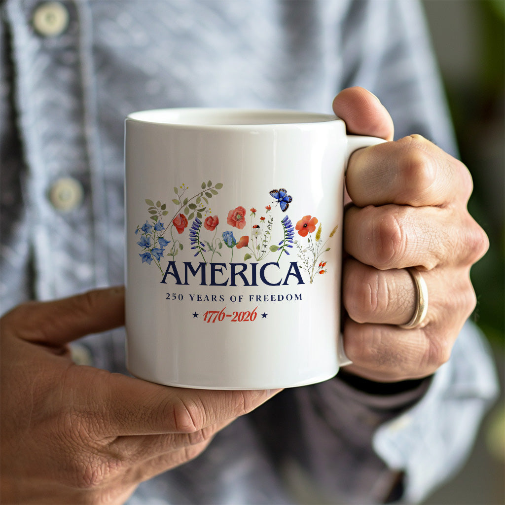 America 250th Anniversary Floral Mug, Patriotic Wildflower Coffee Cup for USA Freedom Celebration Gift