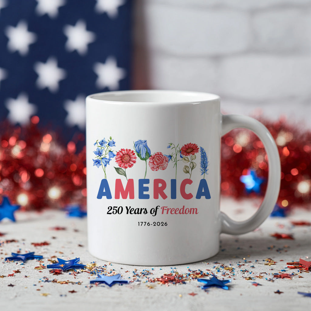 America 250 Years Floral Mug, Patriotic Freedom Coffee Cup for USA Anniversary, 1776 2026 Fourth of July Gift