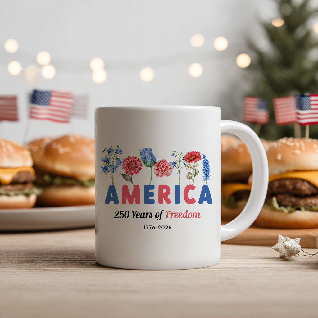 America 250 Years Floral Mug, Patriotic Freedom Coffee Cup for USA Anniversary, 1776 2026 Fourth of July Gift