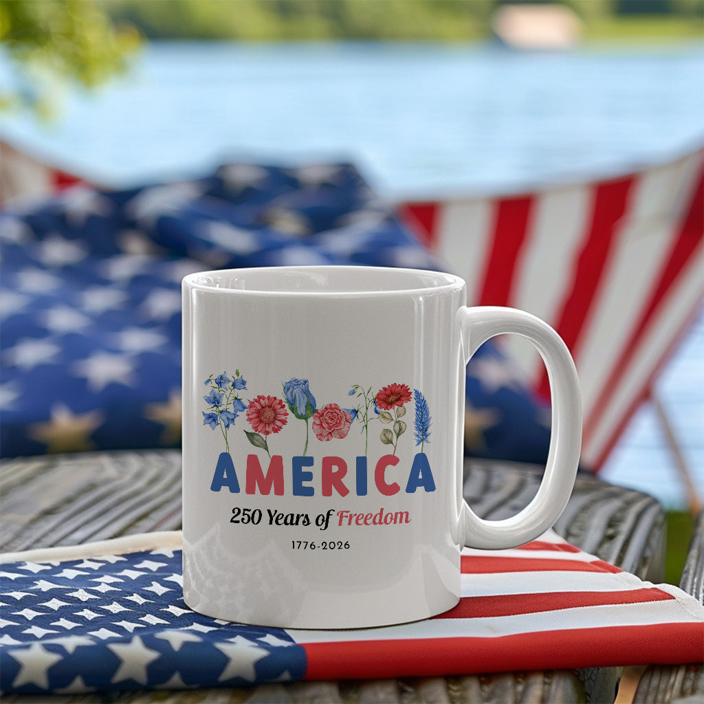 America 250 Years Floral Mug, Patriotic Freedom Coffee Cup for USA Anniversary, 1776 2026 Fourth of July Gift