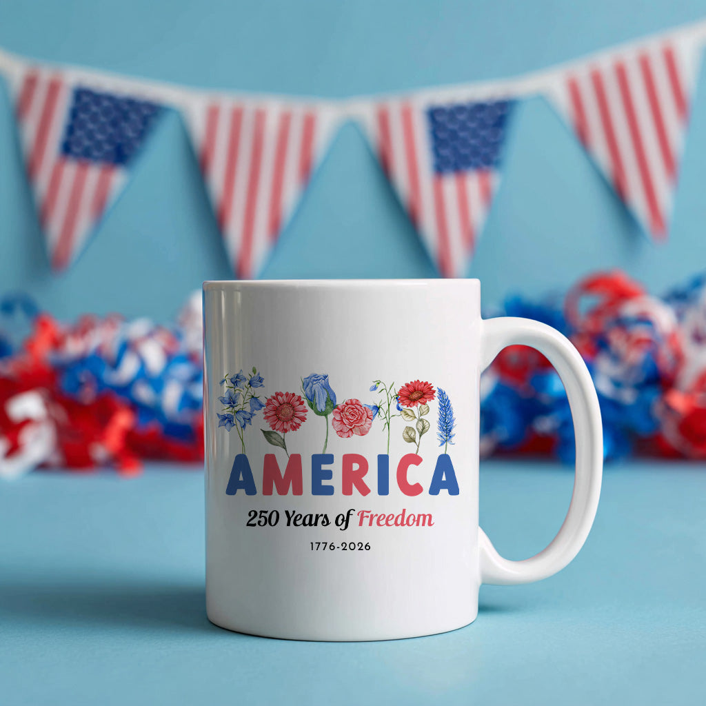 America 250 Years Floral Mug, Patriotic Freedom Coffee Cup for USA Anniversary, 1776 2026 Fourth of July Gift