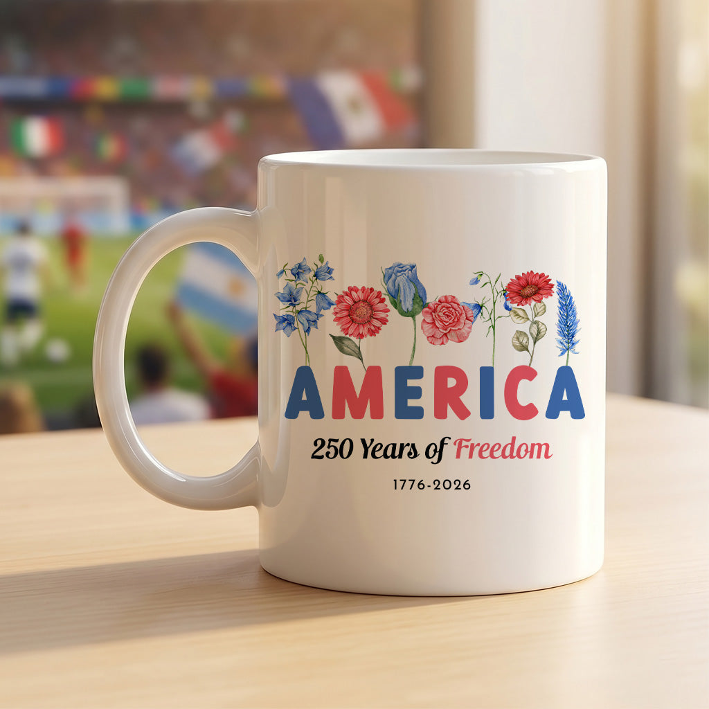 America 250 Years Floral Mug, Patriotic Freedom Coffee Cup for USA Anniversary, 1776 2026 Fourth of July Gift