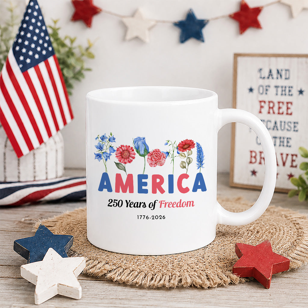 America 250 Years Floral Mug, Patriotic Freedom Coffee Cup for USA Anniversary, 1776 2026 Fourth of July Gift