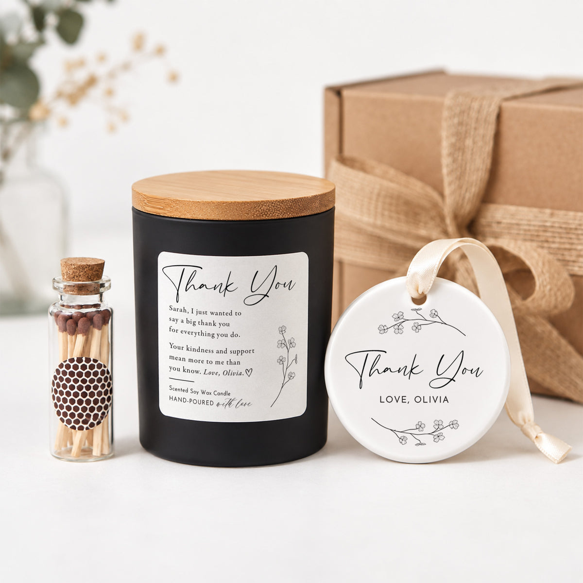 Personalized Thank You Candle for Her; Custom Appreciation Message, Floral Ceramic Ornament, Keepsake Gift Box