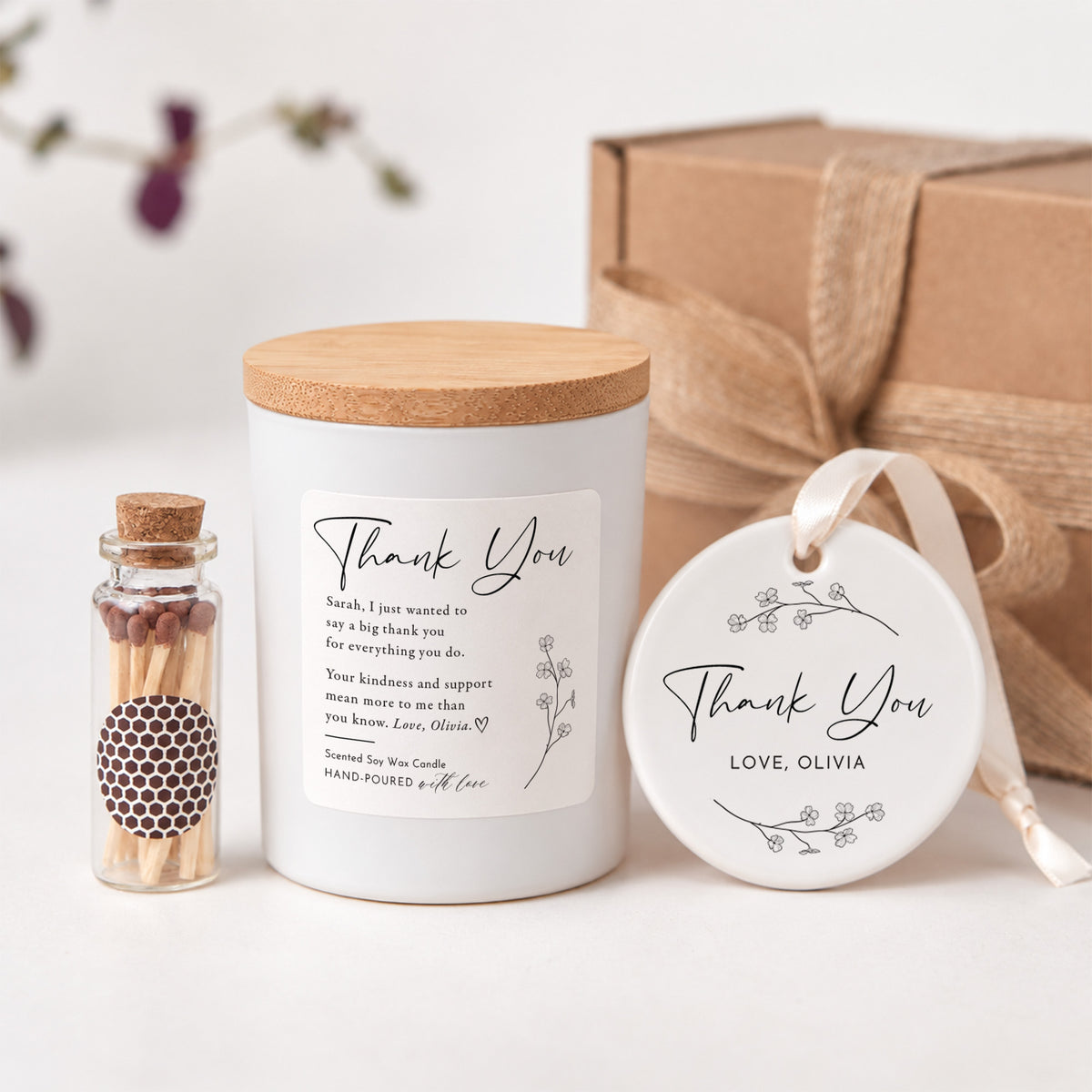 Personalized Thank You Candle for Her; Custom Appreciation Message, Floral Ceramic Ornament, Keepsake Gift Box