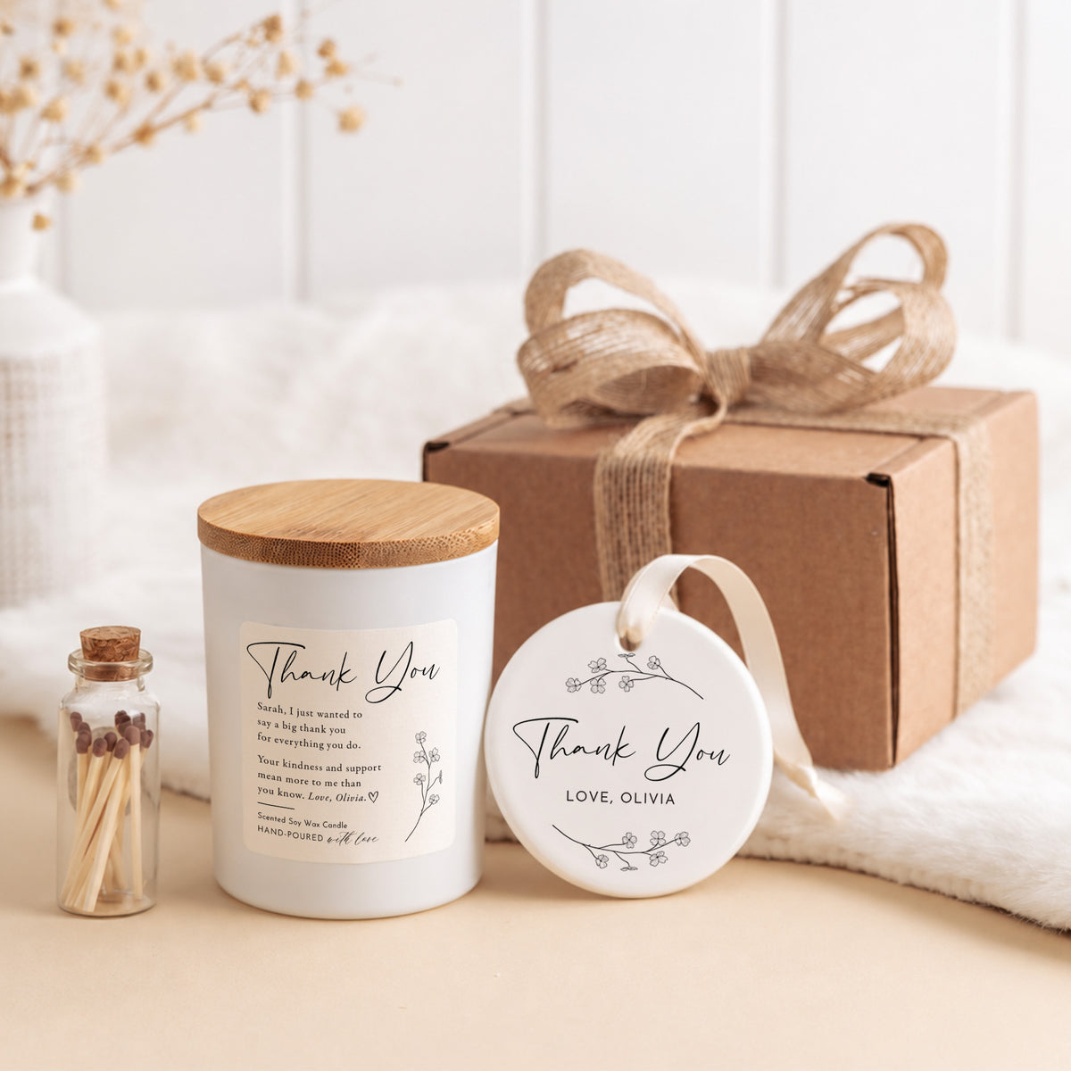 Personalized Thank You Candle for Her; Custom Appreciation Message, Floral Ceramic Ornament, Keepsake Gift Box