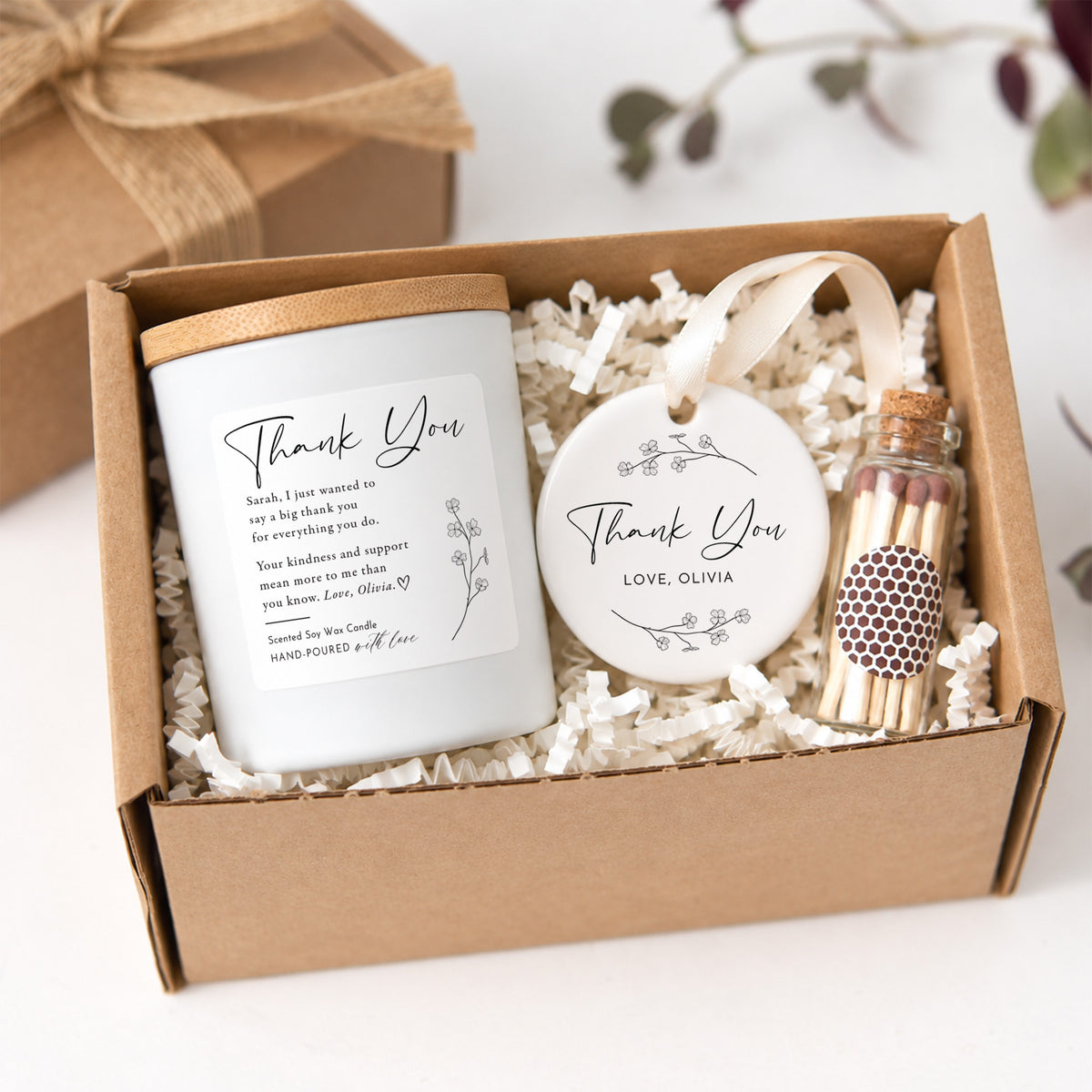 Personalized Thank You Candle for Her; Custom Appreciation Message, Floral Ceramic Ornament, Keepsake Gift Box