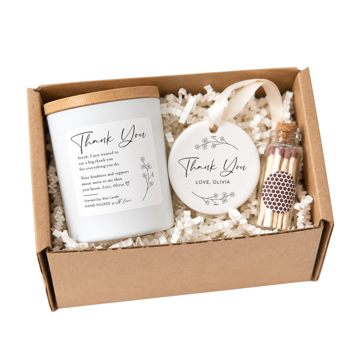 Personalized Thank You Candle for Her; Custom Appreciation Message, Floral Ceramic Ornament, Keepsake Gift Box